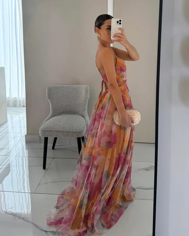 Alia | Flowing Chiffon Maxi Dress with Watercolor Print