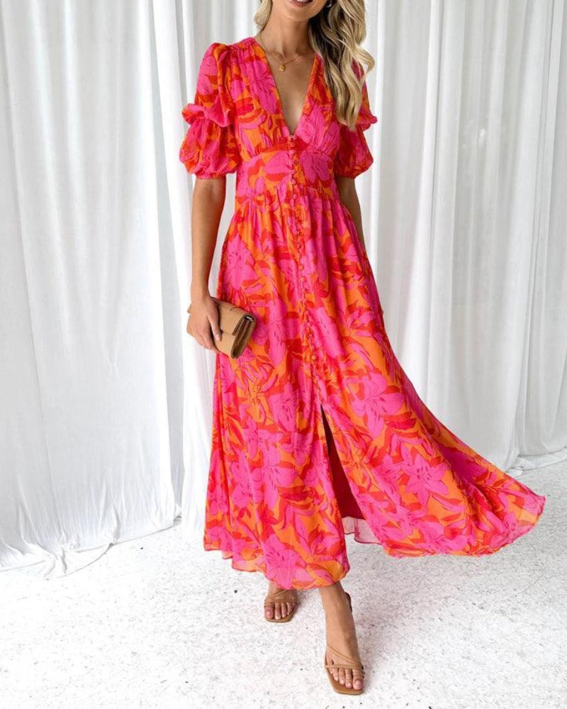 Lina | Boho Maxi Dress in Pink and Orange Floral