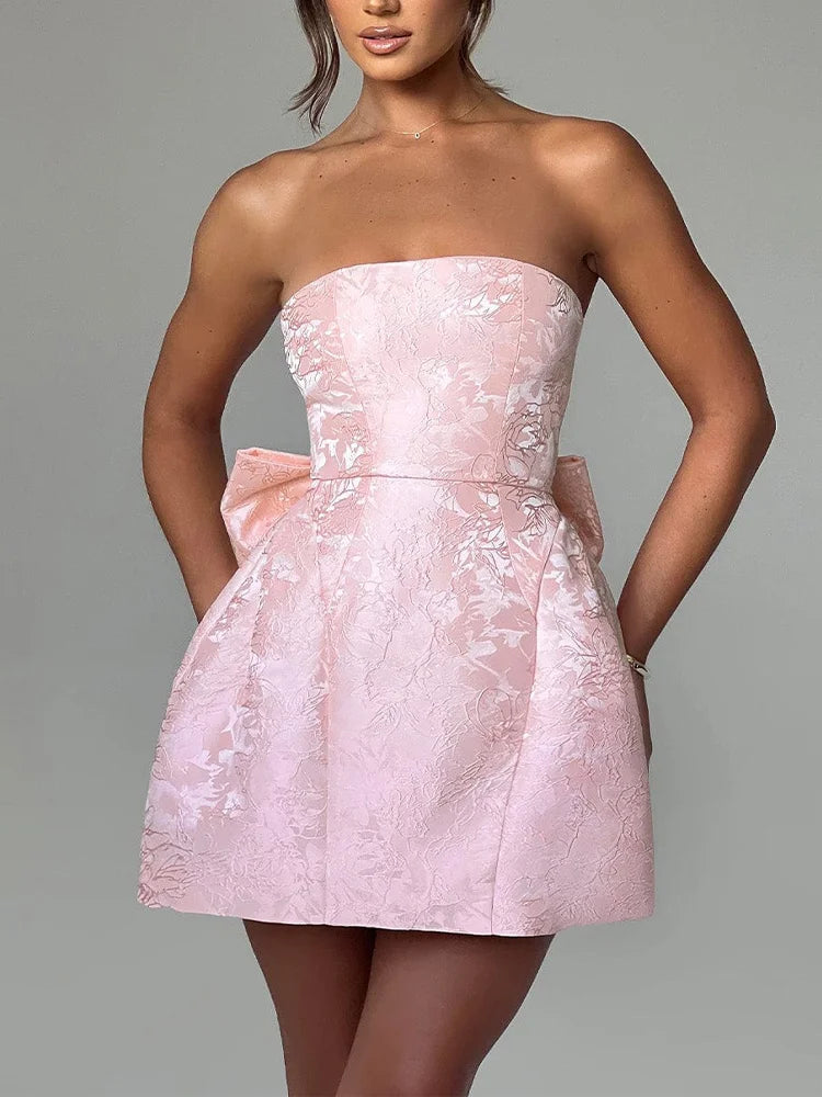 Jacquard Strapless Knot A-line Mini Dress