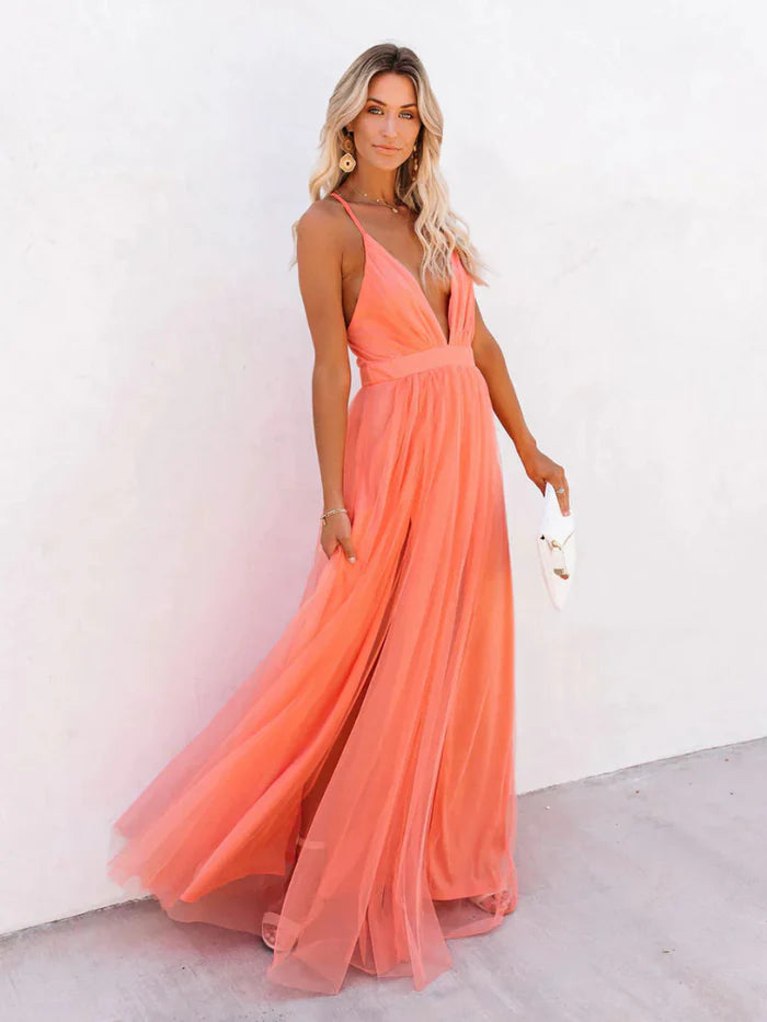 Alina | Backless Tulle Maxi Dress