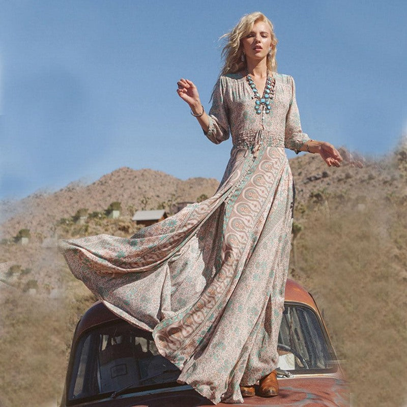 Savanna | Boho Print Maxi Dress with Front Slit