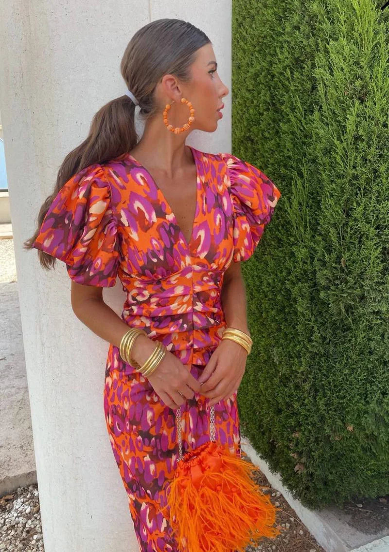 Zaya | Bold Floral Puff-Sleeve Dress