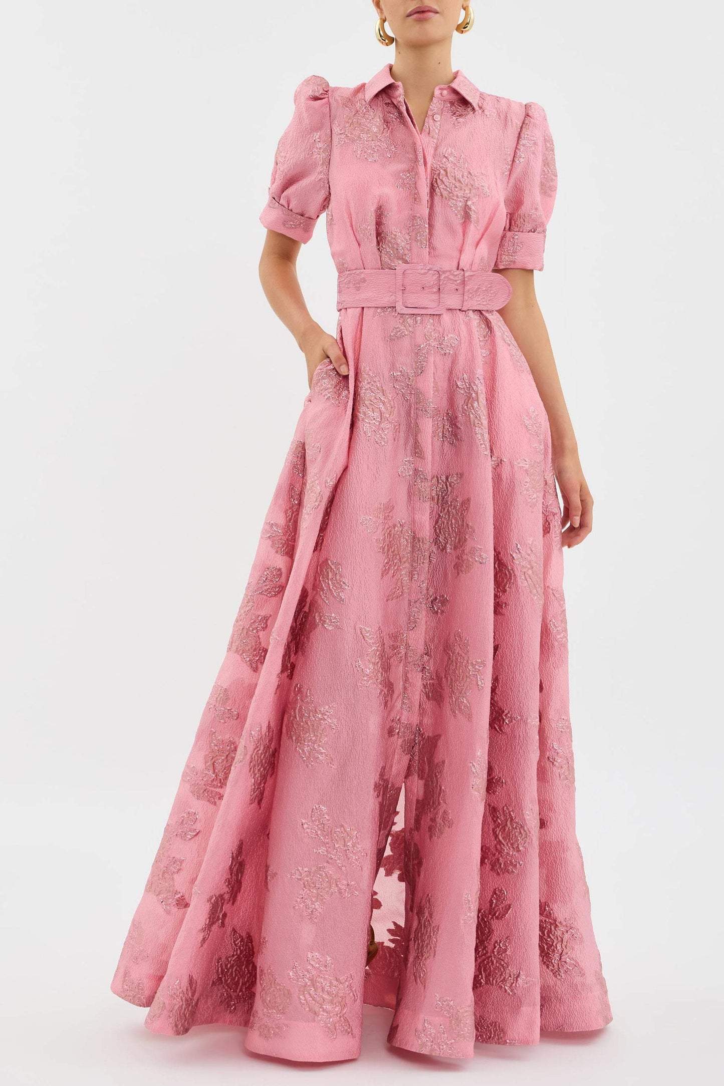 Celeste | Belted Textured Maxi Dress with Puff Sleeves