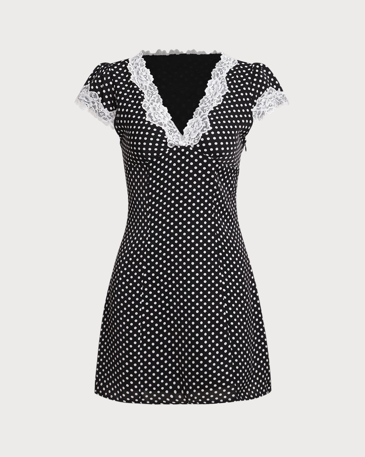 Inès | Black Polka Dot Mini Dress with Lace Trim